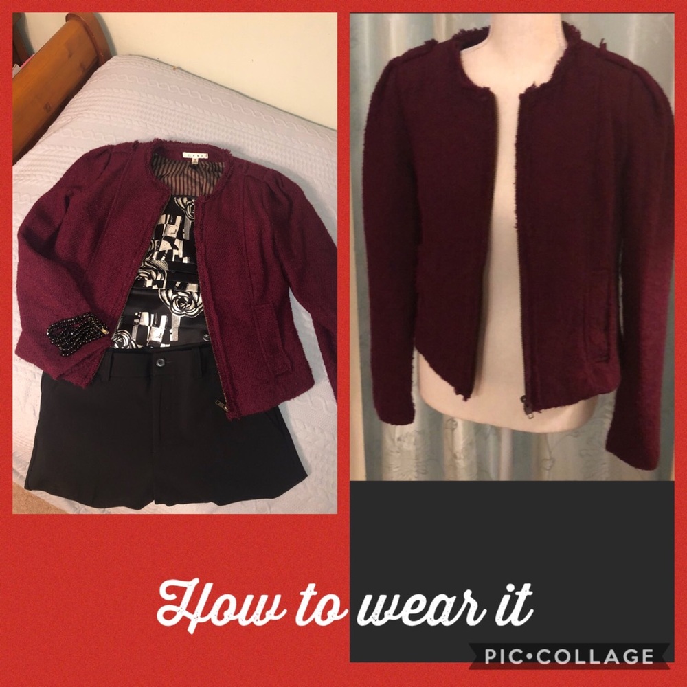 CAbi Burgundy jacket with front zip,  fray…